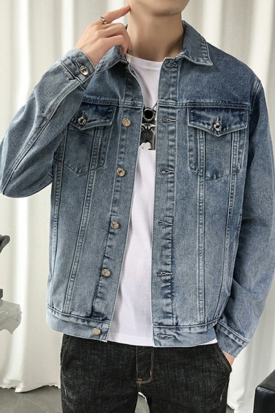 Simple Mens Denim Jacket Pure Color Button down Long Sleeve Turn down Collar Fitted Jacket