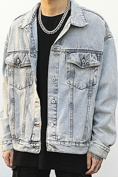Street Look Denim Jacket Bleach Long Sleeves Spread Collar Flap Pockets Button Closure Regular Fit Denim Jacket