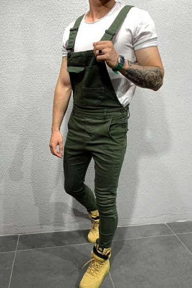 Trendy Overalls Chest Pocket Pure Color Sleeveless Regular Fitted Long Overalls for Men