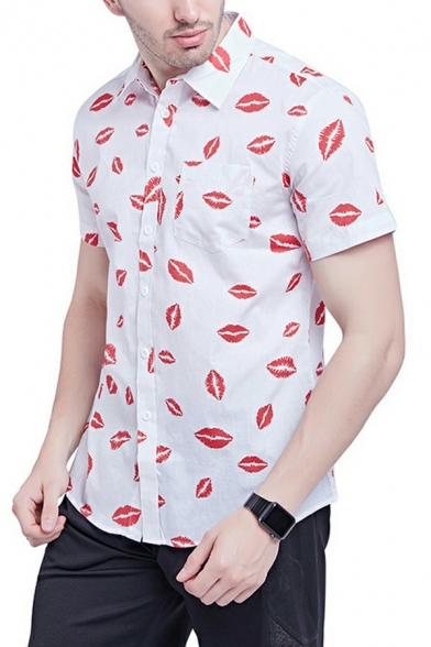 Unique Button Shirt All Over Lip Print Lapel Collar Short Sleeves Regular Fitted Shirt