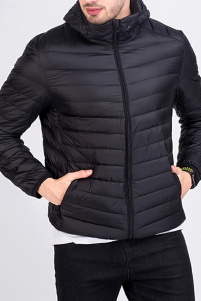 Basic Puffer Coat Solid Color Zipper Closure Regular Fit Long-Sleeved Hooded Down Coat for Men