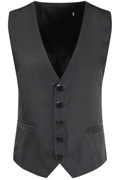 Basic Vest V-Neck Pure Color Button Closure Sleeveless Slim Fitted Suit Vest for Men