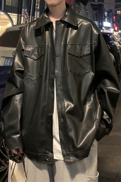 Boy's Fashionable Jacket Plain Flap Pocket Spread Collar Long Sleeves Loose Fit Leather Jacket