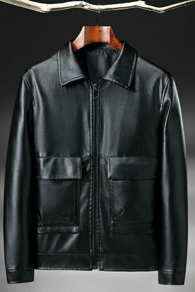 Boy's Fashionable Jacket Plain Flap Pocket Spread Collar Long Sleeves Regular Leather Jacket