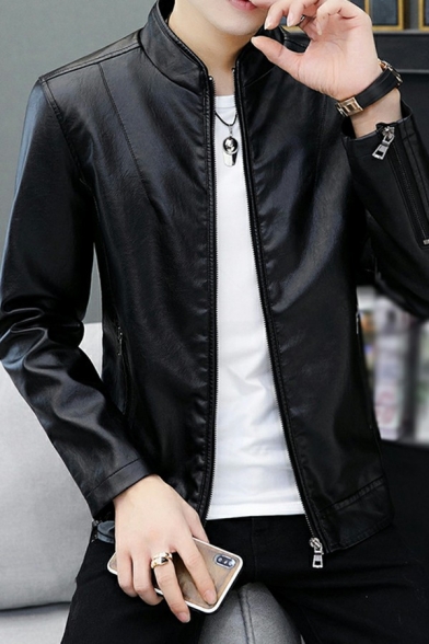 Boys Edgy Jacket Pure Color Long Sleeve Stand Collar Slim Fitted Zip Placket Leather Jacket