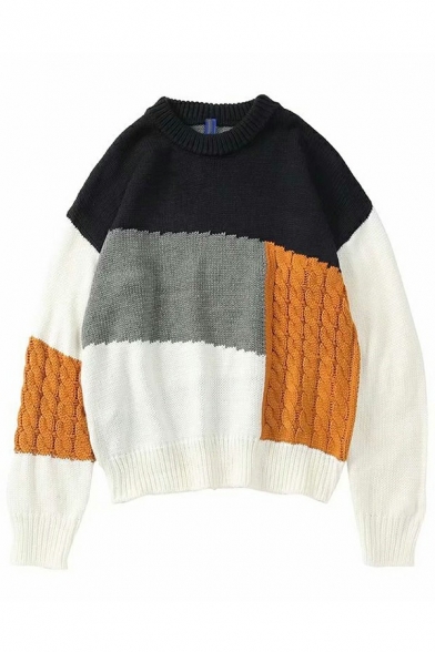 Casual Sweater Color Block Round Neck Rib Cuffs Long Sleeves Relaxed Sweater for Men