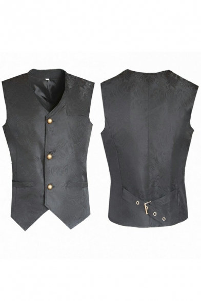 Chic Vest Button Closure Jacquard Pattern V-Neck Sleeveless Slim Fit Vest for Men
