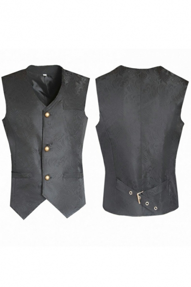 Chic Vest Button Closure Jacquard Pattern V-Neck Sleeveless Slim Fit Vest for Men