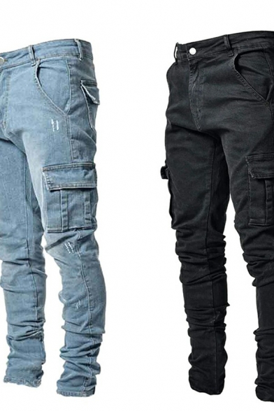 Dashing Men Jeans Solid Color Medium Wash Mid-Rised Zipper Placket Pocket Detail Long Length Slim Fitted Jeans
