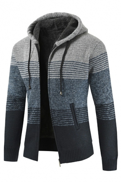 Dashing Men's Cardigan Contrast Color Long-Sleeved Regular Fitted Cardigan with Hoodie