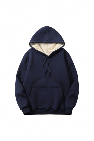 Edgy Men Hoodie Solid Color Rib Cuffs Long Sleeves Loose Fitted Hooded Drawstring Hoodie