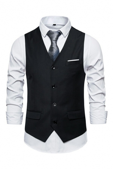 Elegant Plain Vest Belt Back Sleeveless Single Breasted V-Neck Slimming Suit Vest for Guys