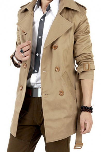 Fancy Coat Solid Color Lapel Collar Skinny Long-Sleeved Button Placket Trench Coat for Guys