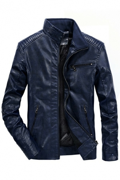 Fancy Leather Jacket Stand Collar Zip Fly Side Pocket Lon-Sleeved Regular Fit Leather Jacket for Men