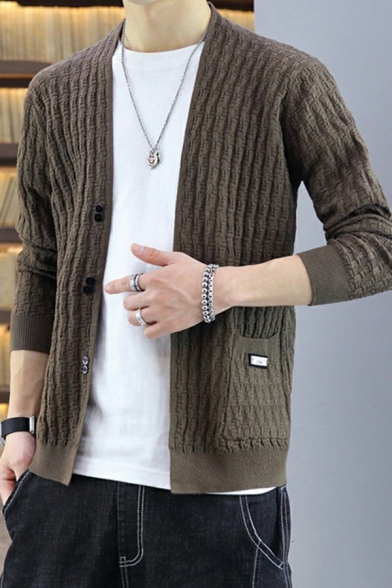 Guy's Classic Cardigan Pure Color Cable Knit Fitted Long-Sleeved Button Down Cardigan