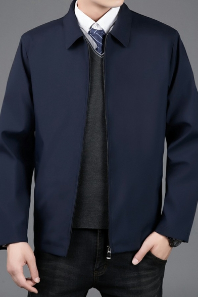 Guys Business Jacket Solid Color Turn-Down Collar Zipper Up Regular Casual Jacket with Pockets