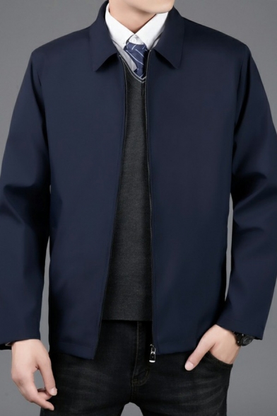 Guys Business Jacket Solid Color Turn-Down Collar Zipper Up Regular Casual Jacket with Pockets