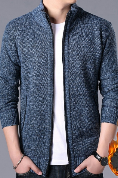 Guys Creative Cardigan Pure Color Pocket Detailed Stand Collar Relaxed Long Sleeves Zip Fly Cardigan