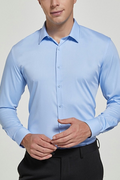 Guys Decent Shirt Whole Colored Button Placket Turn-Down Collar Regular Fit Long Sleeve Shirt