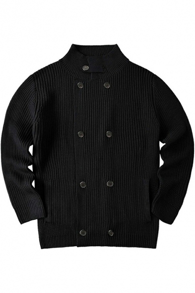 Guys Leisure Cardigan Solid Color Notched Collar Double Breasted Relaxed Long-Sleeved Cardigan