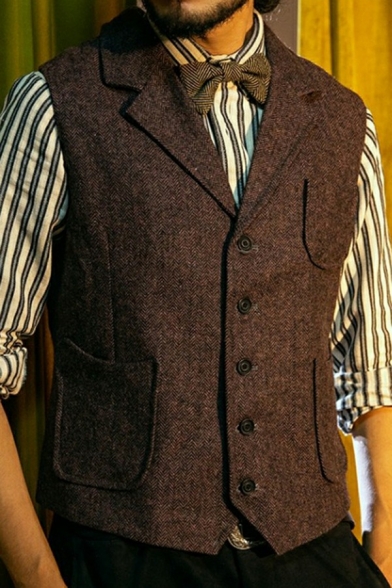 Guys Retro Vest Whole Colored Multi-Pocket Button Placket Lapel Collar Regular Fit Sleeveless  Vest