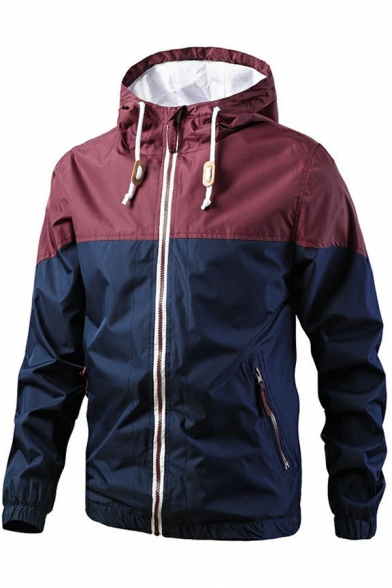 Guys Sportive Jacket Color Block Drawcord Zip Up Hooded Long Sleeve Loose Fitted Jacket