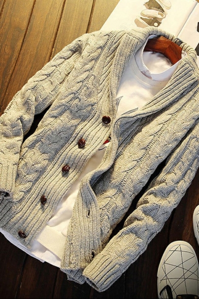 Leisure Cardigan Solid Color Cable Knit Long Sleeve Button Up Shawl Collar Fitted Cardigan for Men