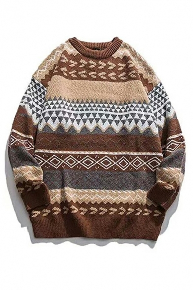 Leisure Guys Sweater Ethnic Printed Round Neck Long-sleeved Loose Fitted Sweater