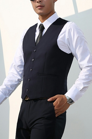 Leisure Guys Vest Pure Color Pocket Detail V-Neck Button Closure Slim Fitted Vest
