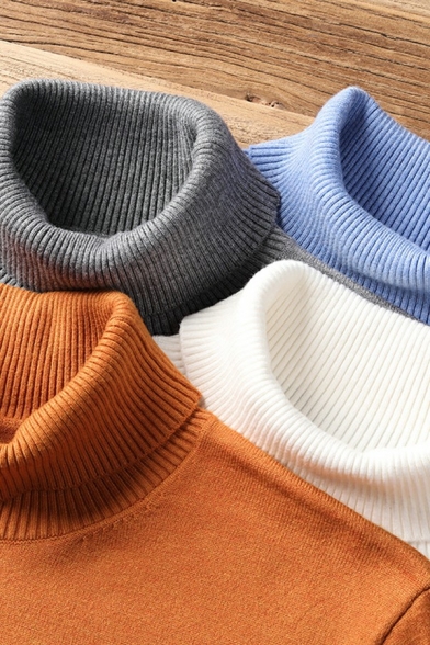 Men Simple Sweater Solid Color High Collar Rib Cuffs Long Sleeve Regular Fit Sweater