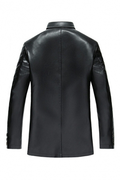 Men Sporty Leather Jacket Solid Color Suit Collar Button Closure Long Sleeves Relaxed Leather Jacket