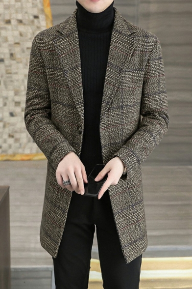Men Urban Coat Plaid Pattern Lapel Collar Long-Sleeved Relaxed Fit Button Placket Pea Coat