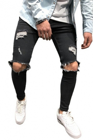 Men Urban Denim Pants Plain Zip-Fly Shredded Front Pocket Slim Fitted Denim Pants