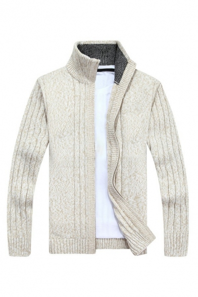 Mens Casual Cardigan Sweater Plain Long Sleeve Stand Collar Zip Closure Regular Fit Cardigan Sweater