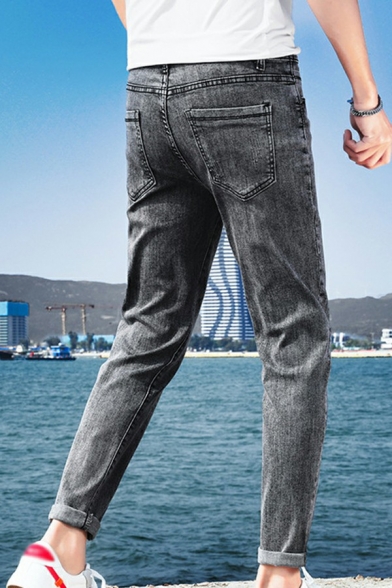 Mens Trendy Jeans Mid-Rised Side Distressed Effect Zipper Placket Long Length Straight Fit Jeans with Pockets