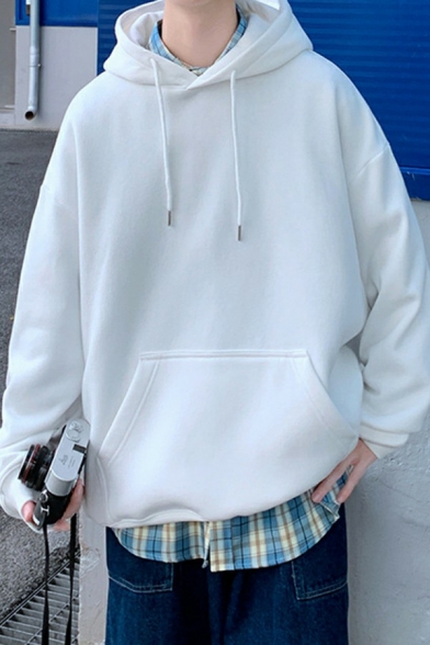 Modern Mens Hoodie Plain Pocket Detailed Long-Sleeved Oversized Hooded Drawstring Hoodie