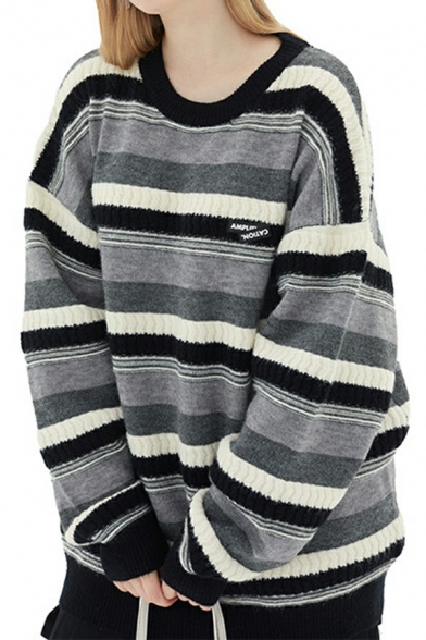 Retro Guys Sweater Contrast Stripe Print Ribbed Trim Round Neck Baggy Pullover Sweater