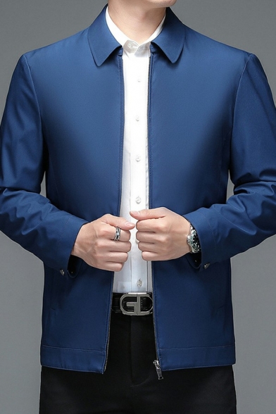 Stylish Solid Color Mens Jacket Zip Closure Turn Down Collar Long Sleeves Slim Cut Casual Jacket