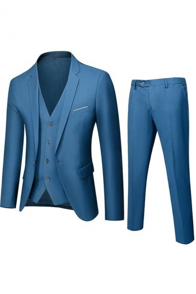 Trendy Men Suit Plain Long Sleeve Lapel Collar Single Button with Zipper Pants Slim Fitted Blazer Co-ords