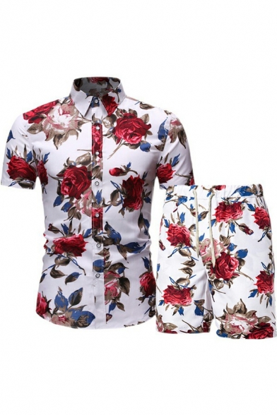 Trendy Mens Set Turn-Down Collar Short Sleeve Floral Print Shirts Drawstring Shorts Sport Co-ords