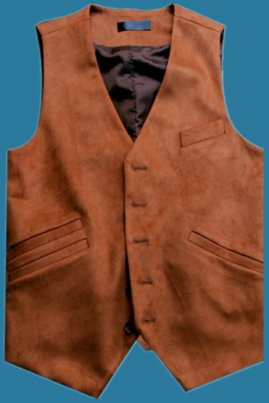 Trendy Plain Men's Vest Multi-Pockets Back Buckle Belt Single Breasted V-Neck Regular Fit Vest