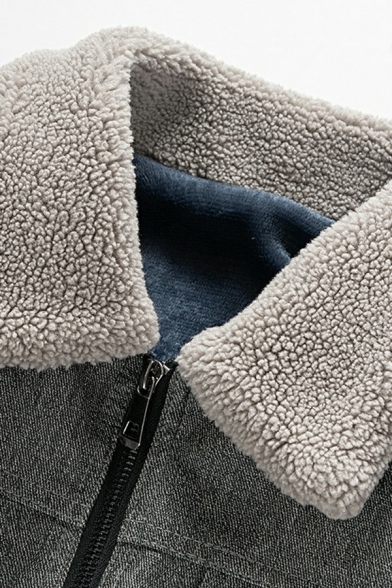 Warm Fleece Leather Jacket Chest Pocket Zip Up Long Sleeve Regular Fit Leather Jacket for Men