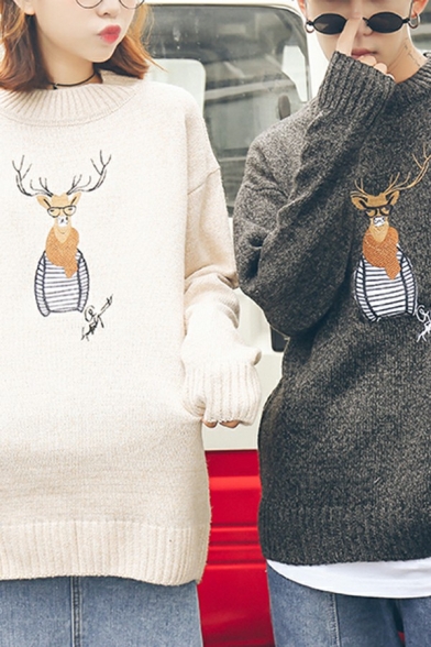Base Guys Sweater Cartoon Deer Print Ribbed Trim Crew Neck Regular Fit Pullover Sweater