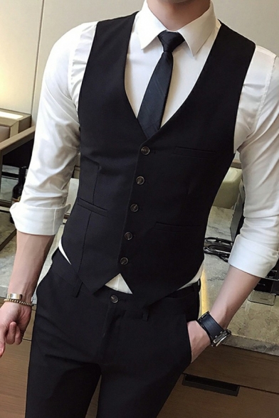 Basic Guys Suit Vest Plain Single Breasted V-Neck Pocket Decoration Slim Fitted Vest