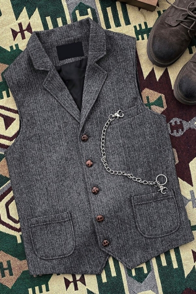 Casual Men's Vest Lapel Collar Button Down Chain Embellished Sleeveless Slim Fit Vest