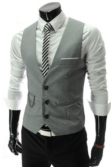 Casual Vest Solid Color V-Neck Pocket Detail Chain Decoration Single Breasted Slim Fitted Suit Vest for Men