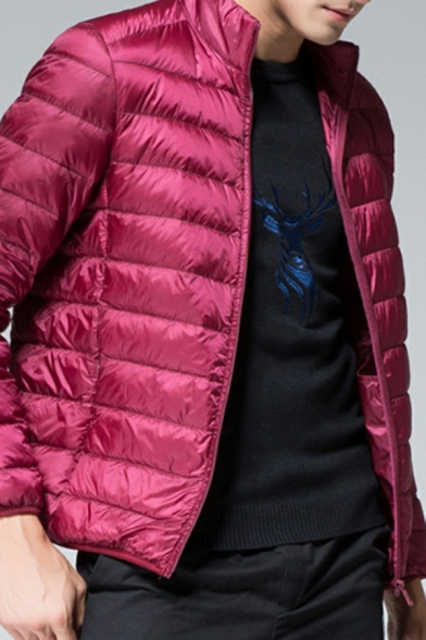 Classic Guys Down Coat Pure Color Stand Collar Zipper Closure Long-Sleeved Slim Fit Puffer Coat