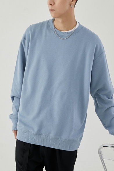 Comfortable Sweatshirt Pure Color Ribbed Trim Round Neck Baggy Long Sleeves Sweatshirt for Guys