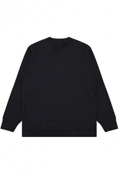 Comfortable Sweatshirt Pure Color Ribbed Trim Round Neck Baggy Long Sleeves Sweatshirt for Guys