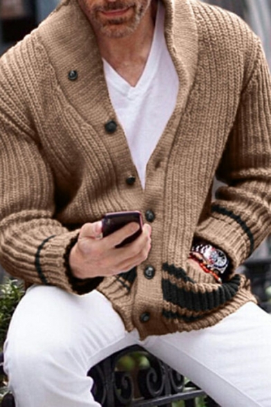 Cool Cardigan Solid Color Button Closure Long-sleeved Regular Fitted Cardigan for Guys